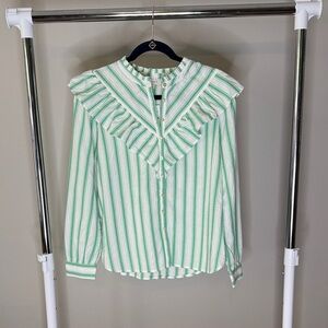 LOFT White and Green Striped Ruffle Blouse